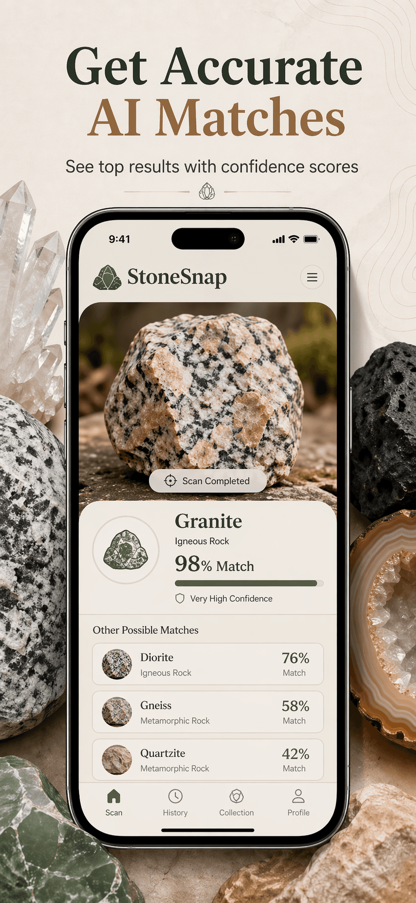 StoneSnap identification match screen